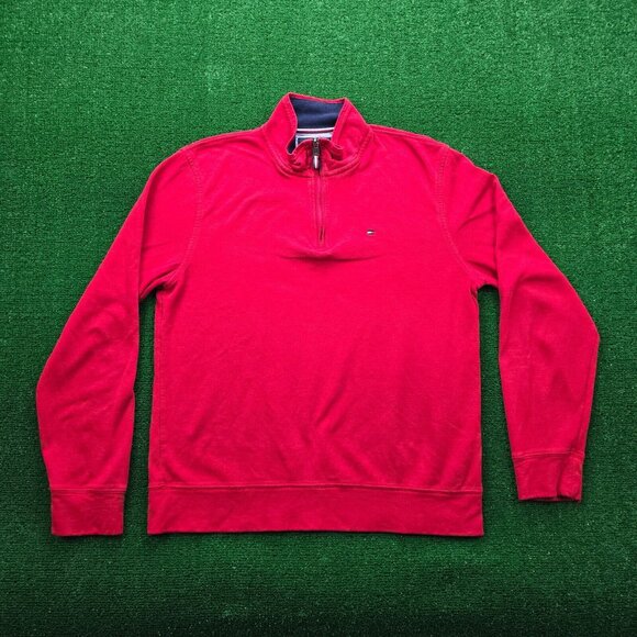 Tommy Hilfiger Sweater Mens Medium‎ Red 1/4 Zip Pullover Outdoors Casual Preppy - Picture 1 of 10